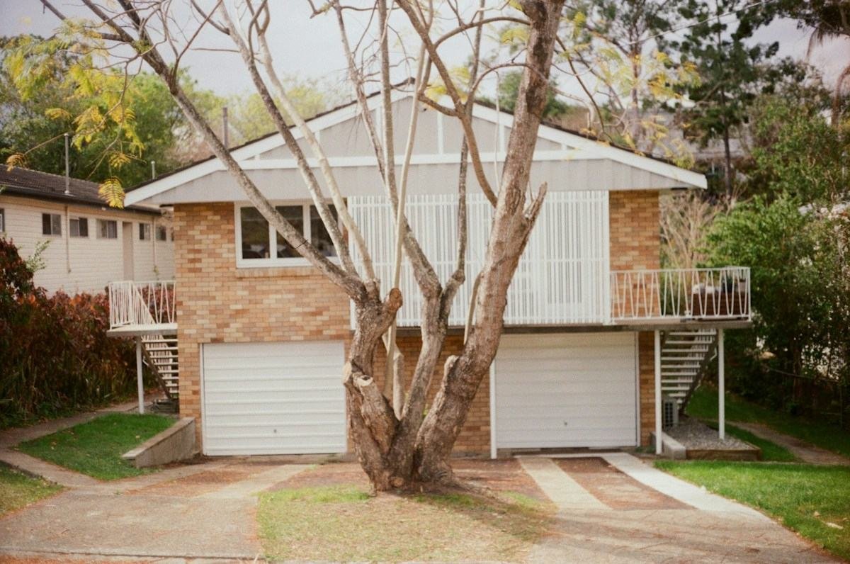 A raised ranch house with two garage doors and a bare tree in front