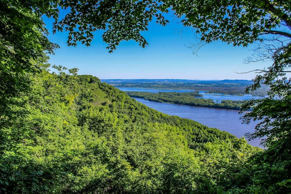 A wide river seen from a wooded bluff
